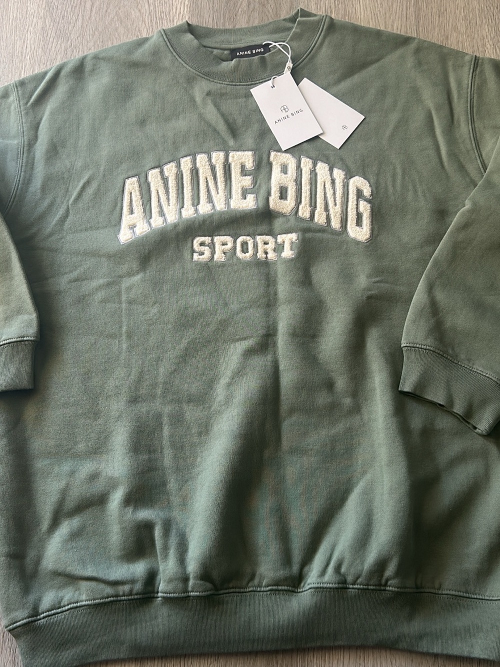 Anine Bing Crewneck Sweater in Artichoke Green with Cream Logo